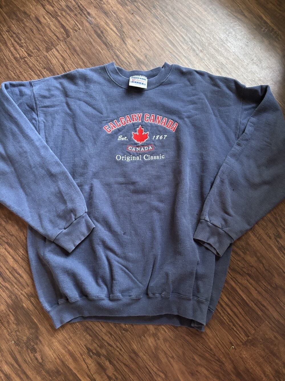 Hanes Calgary Canada Navy Crewneck Sweatshirt Embroidered Logo L